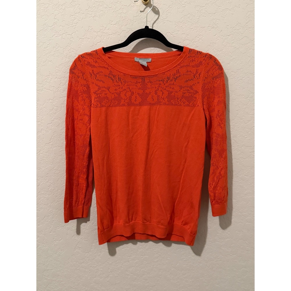 HM Womens Orange Pointelle Floral Knit 3/4 Sleeve Crewneck Sweater Size M